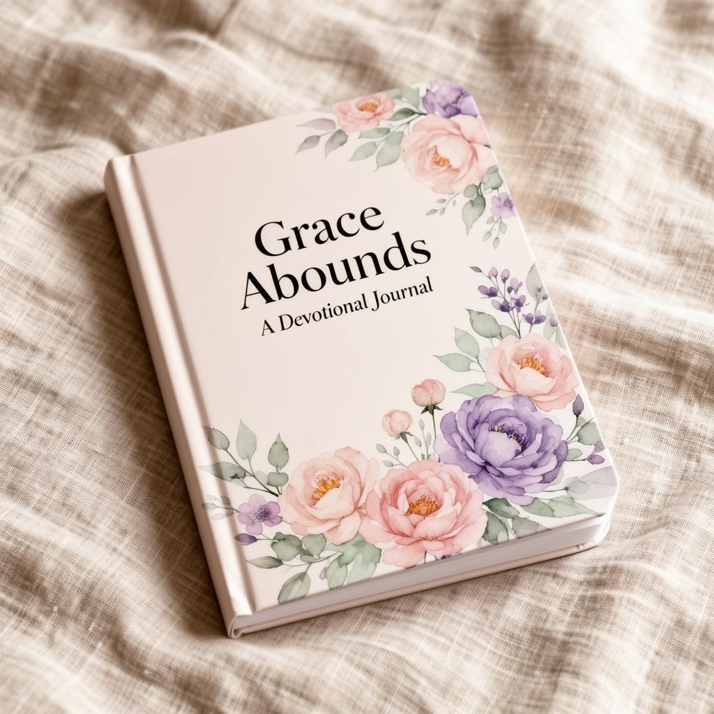 Grace Abounds, a sage green devotional journal cover with gold olive branches
